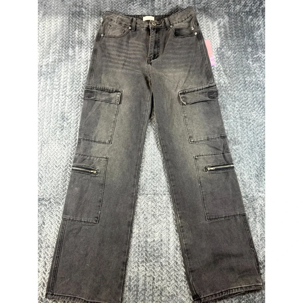 Lilac Sunset Wide Leg Jeans Womens 9/10 Gray Cotton High Rise Cargo Multi Pocket